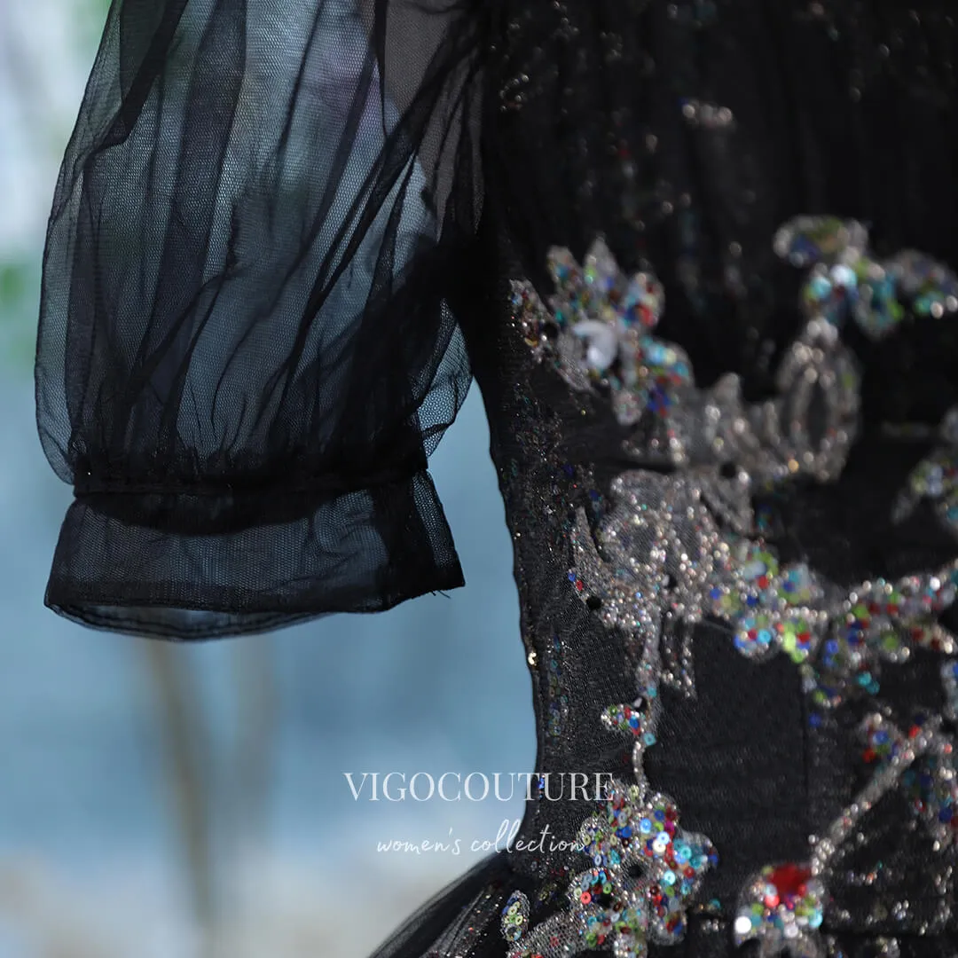 Black Sparkly Lace Applique Prom Dress with Puffed Sleeve 22292