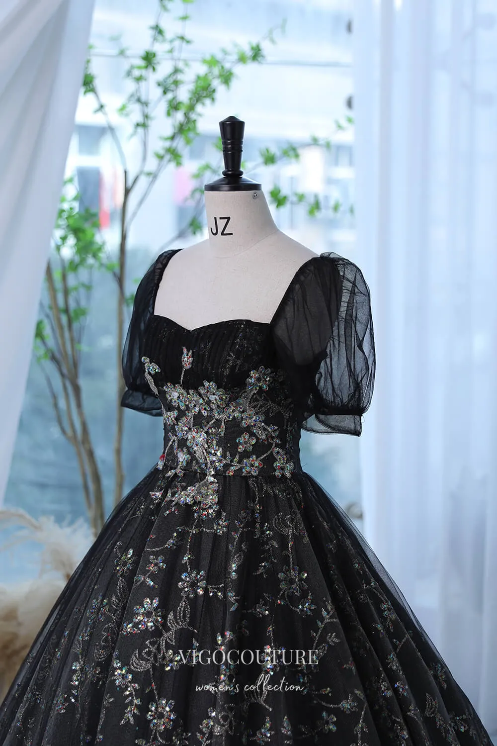 Black Sparkly Lace Applique Prom Dress with Puffed Sleeve 22292