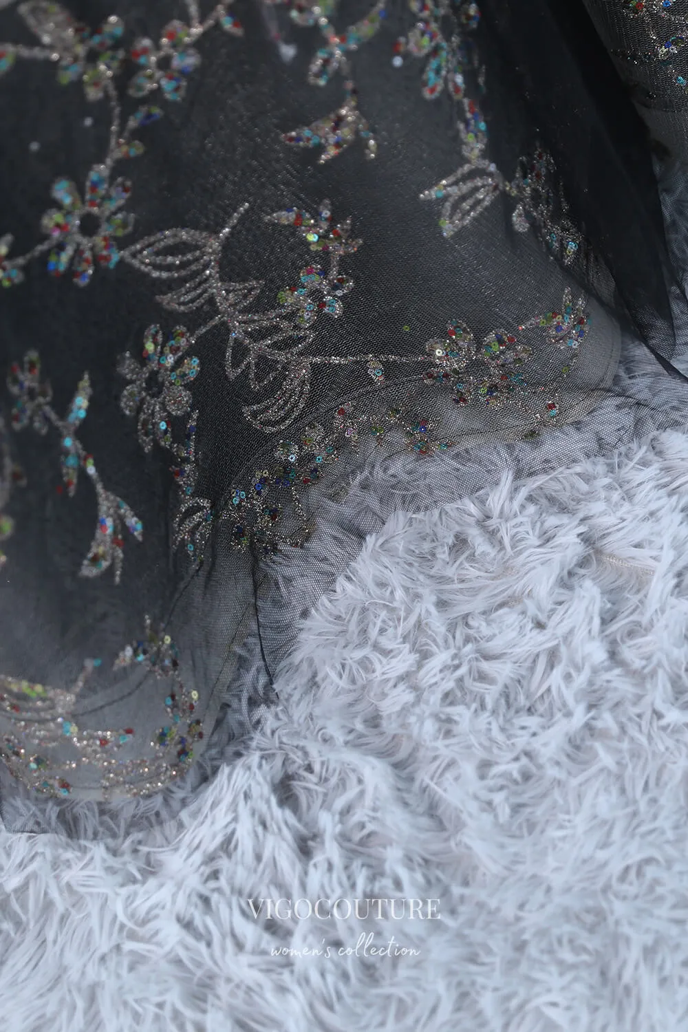 Black Sparkly Lace Applique Prom Dress with Puffed Sleeve 22292