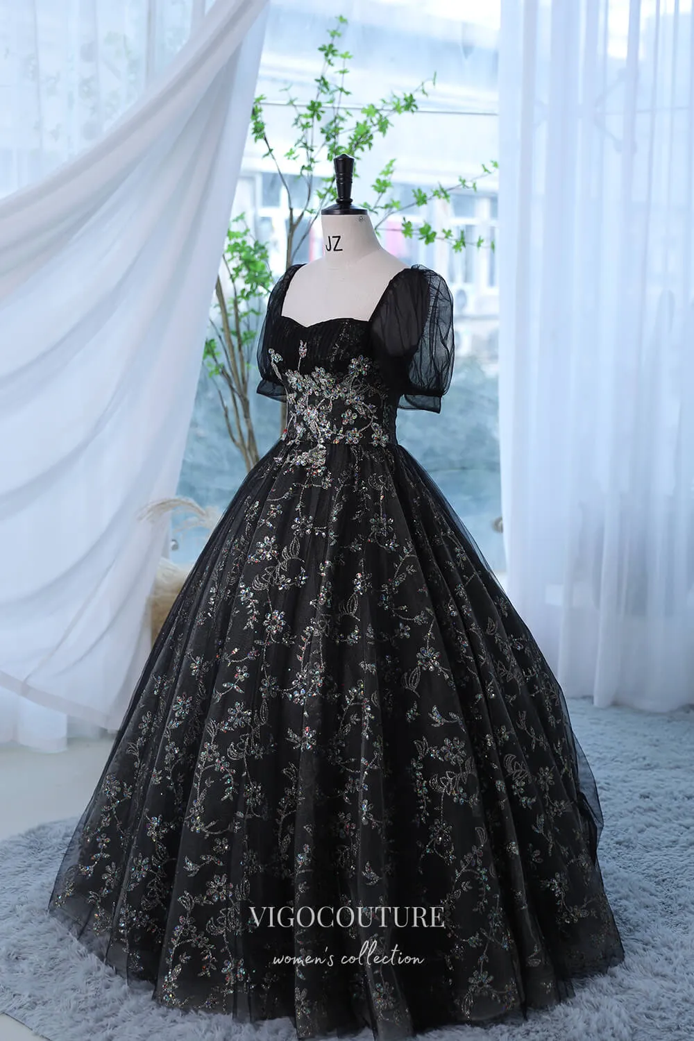 Black Sparkly Lace Applique Prom Dress with Puffed Sleeve 22292