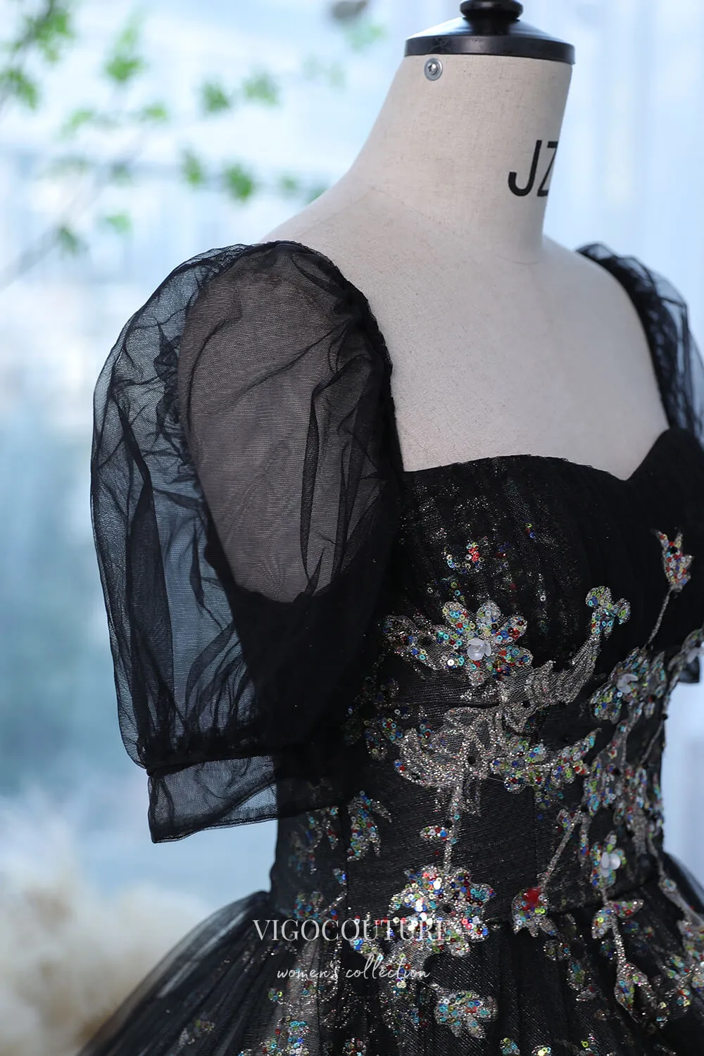 Black Sparkly Lace Applique Prom Dress with Puffed Sleeve 22292