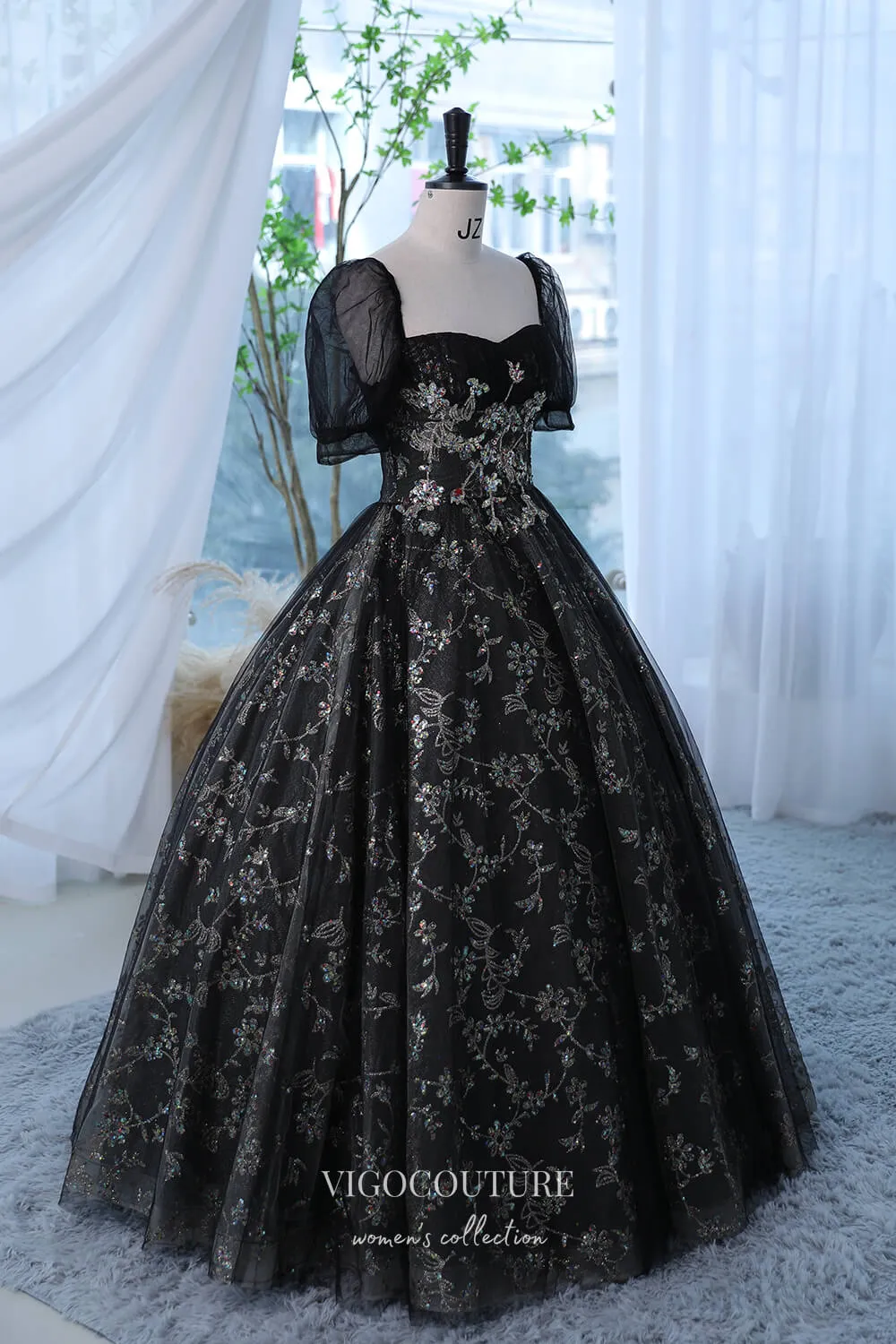 Black Sparkly Lace Applique Prom Dress with Puffed Sleeve 22292