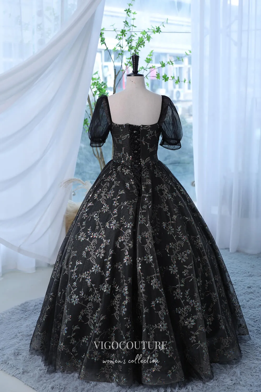 Black Sparkly Lace Applique Prom Dress with Puffed Sleeve 22292