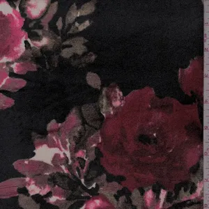 Black/Red/Multi Floral Printed Stretch Velvet Knit Fabric