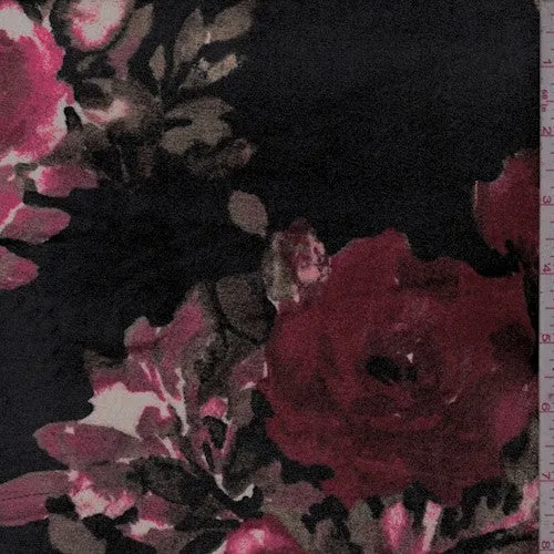 Black/Red/Multi Floral Printed Stretch Velvet Knit Fabric