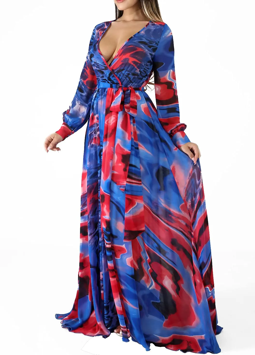 Blue Floral Womens Casual Floral Print Long Maxi Dress Plus Size Plain Party Outfits - JTNFairy
