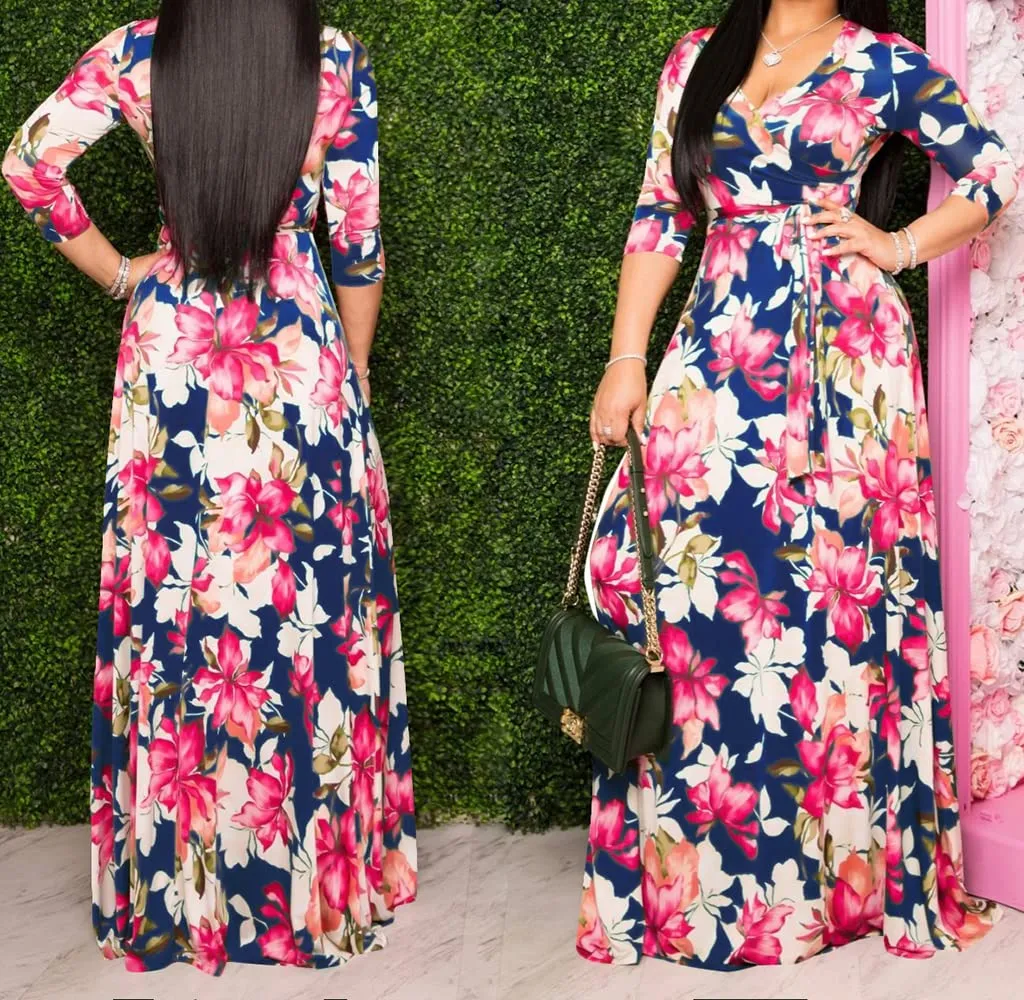 Blue Floral Womens Casual Floral Print Long Maxi Dress Plus Size Plain Party Outfits - JTNFairy