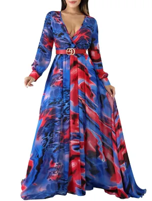 Blue Floral Womens Casual Floral Print Long Maxi Dress Plus Size Plain Party Outfits - JTNFairy