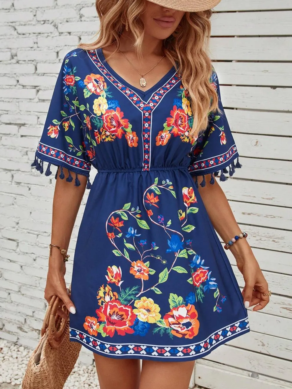 Bohemian Elegant Printed Dress With Tassels - Blue