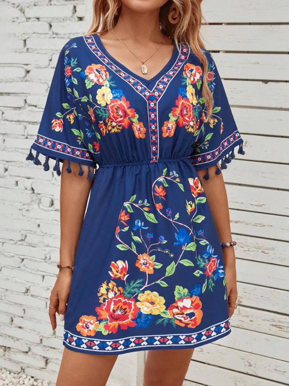 Bohemian Elegant Printed Dress With Tassels - Blue