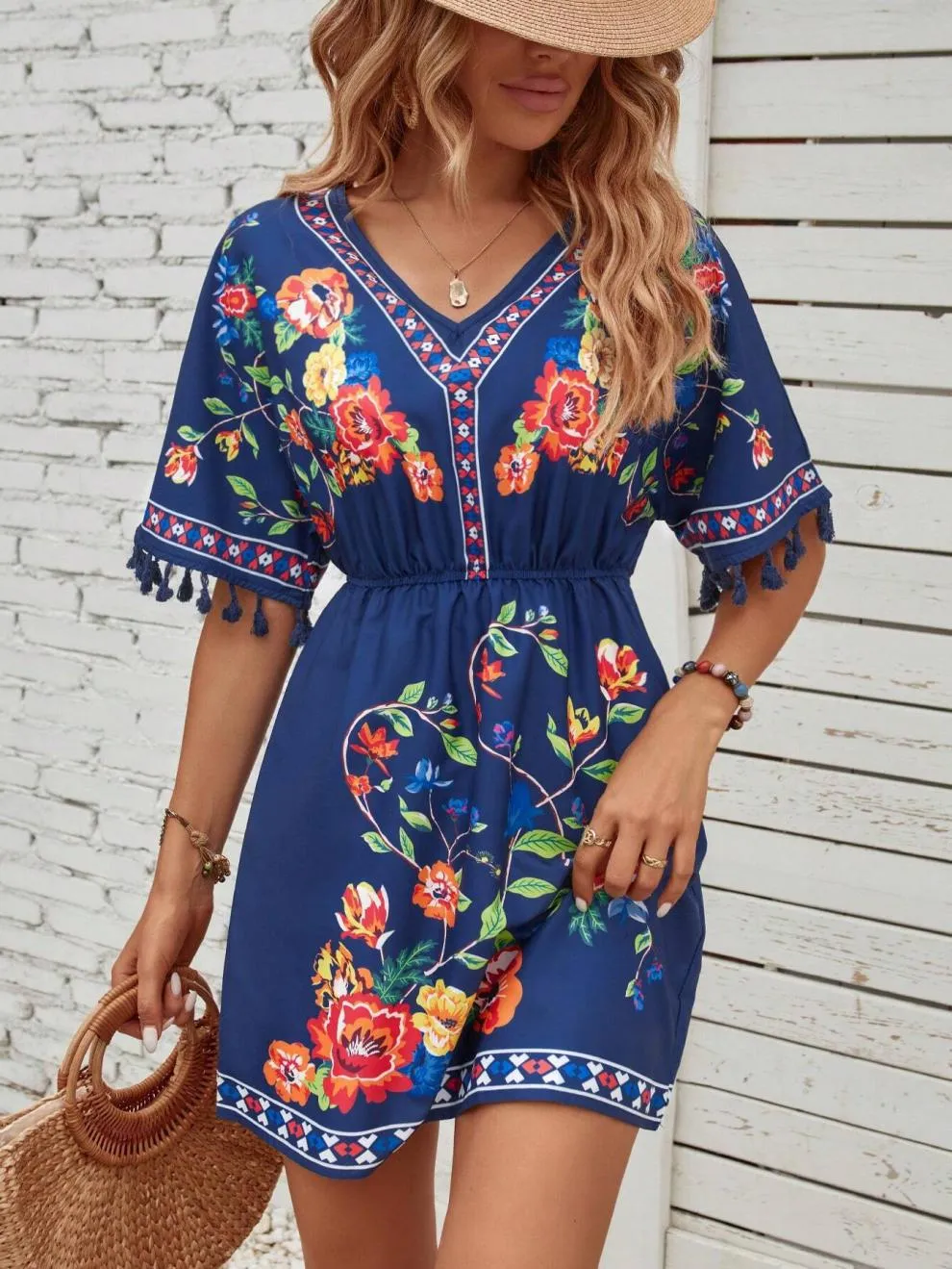 Bohemian Elegant Printed Dress With Tassels - Blue