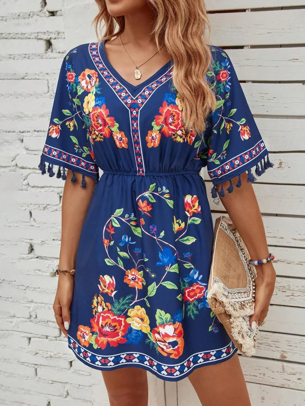 Bohemian Elegant Printed Dress With Tassels - Blue