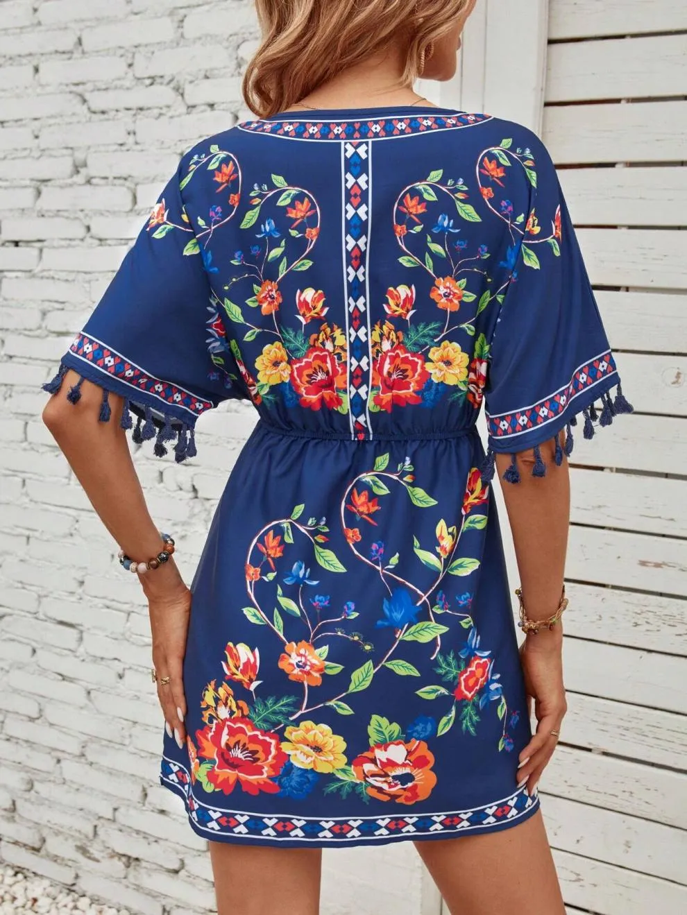 Bohemian Elegant Printed Dress With Tassels - Blue