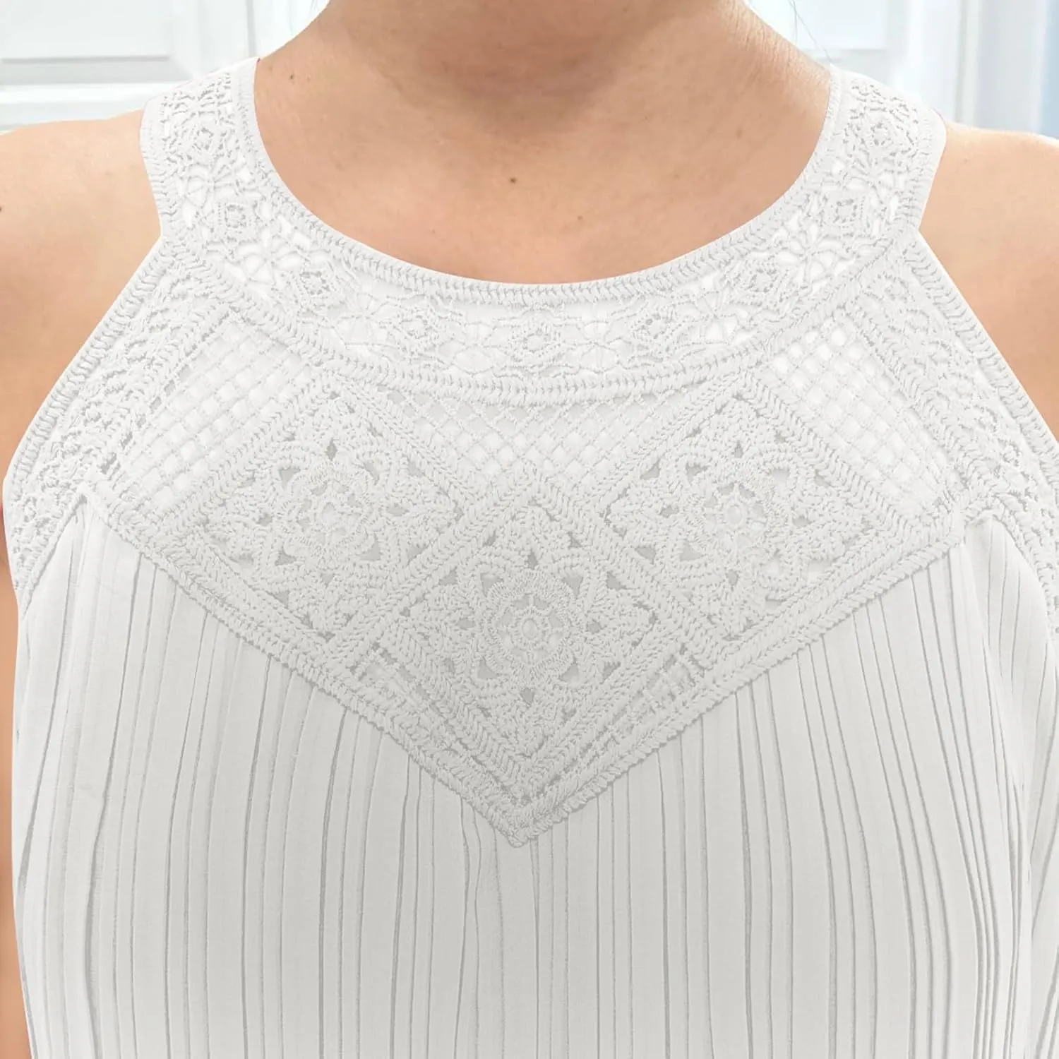 Boho Dresses for Women 2025 Summer Lace Crochet Halter Neck Dress Flowy Pleated Sundress Sleeveless Tank Mini Dress