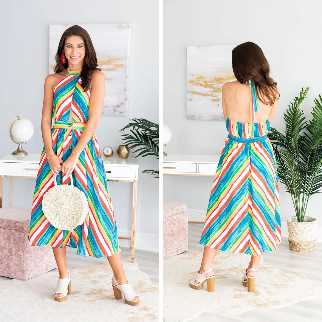 Bright And Bold Midi Dress, Blue-Multi