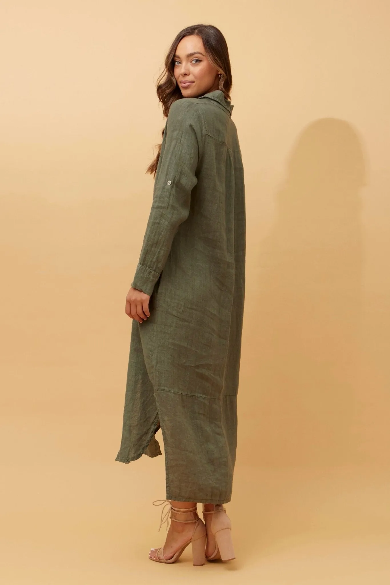 BUTTON THROUGH LINEN SHIRT DRESS WITH POCKETS KHAKI