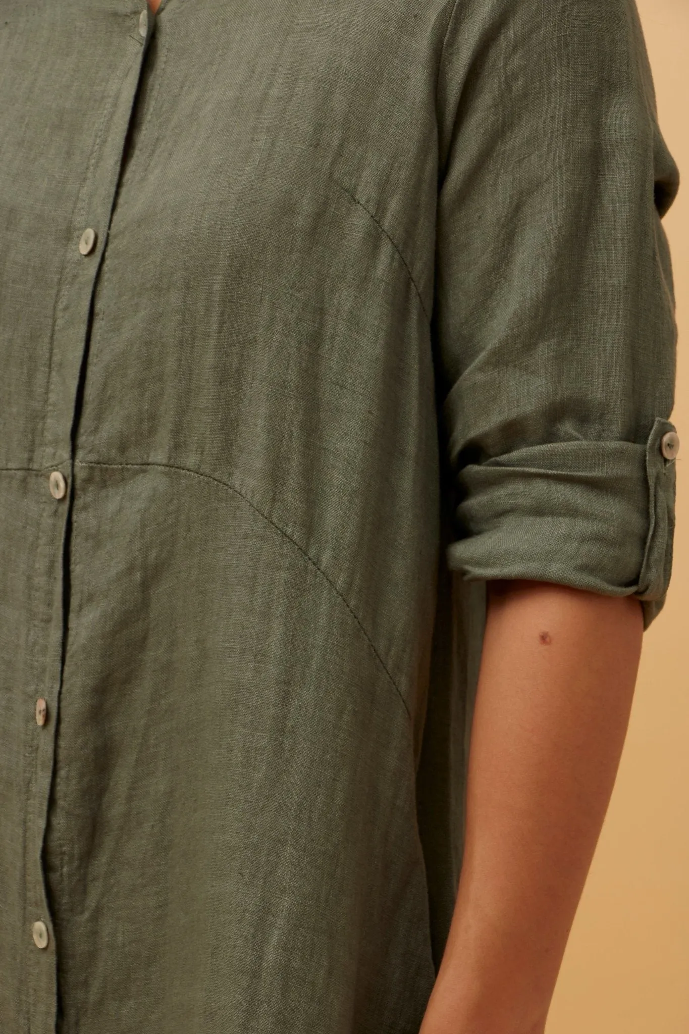 BUTTON THROUGH LINEN SHIRT DRESS WITH POCKETS KHAKI