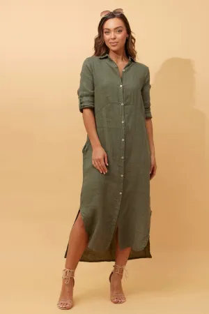 BUTTON THROUGH LINEN SHIRT DRESS WITH POCKETS KHAKI
