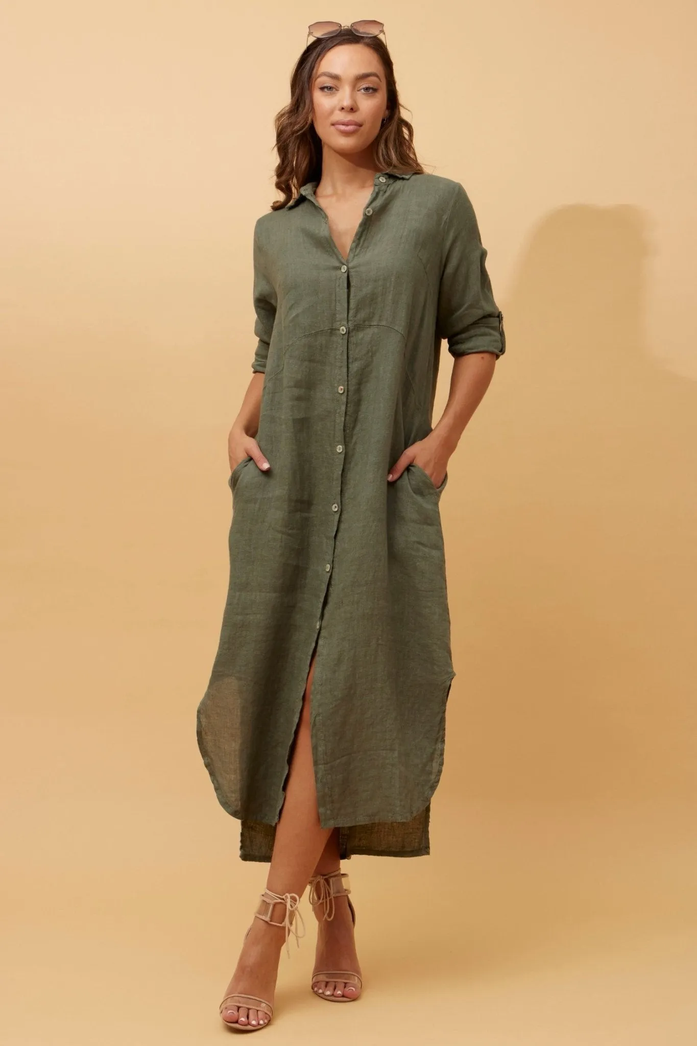BUTTON THROUGH LINEN SHIRT DRESS WITH POCKETS KHAKI