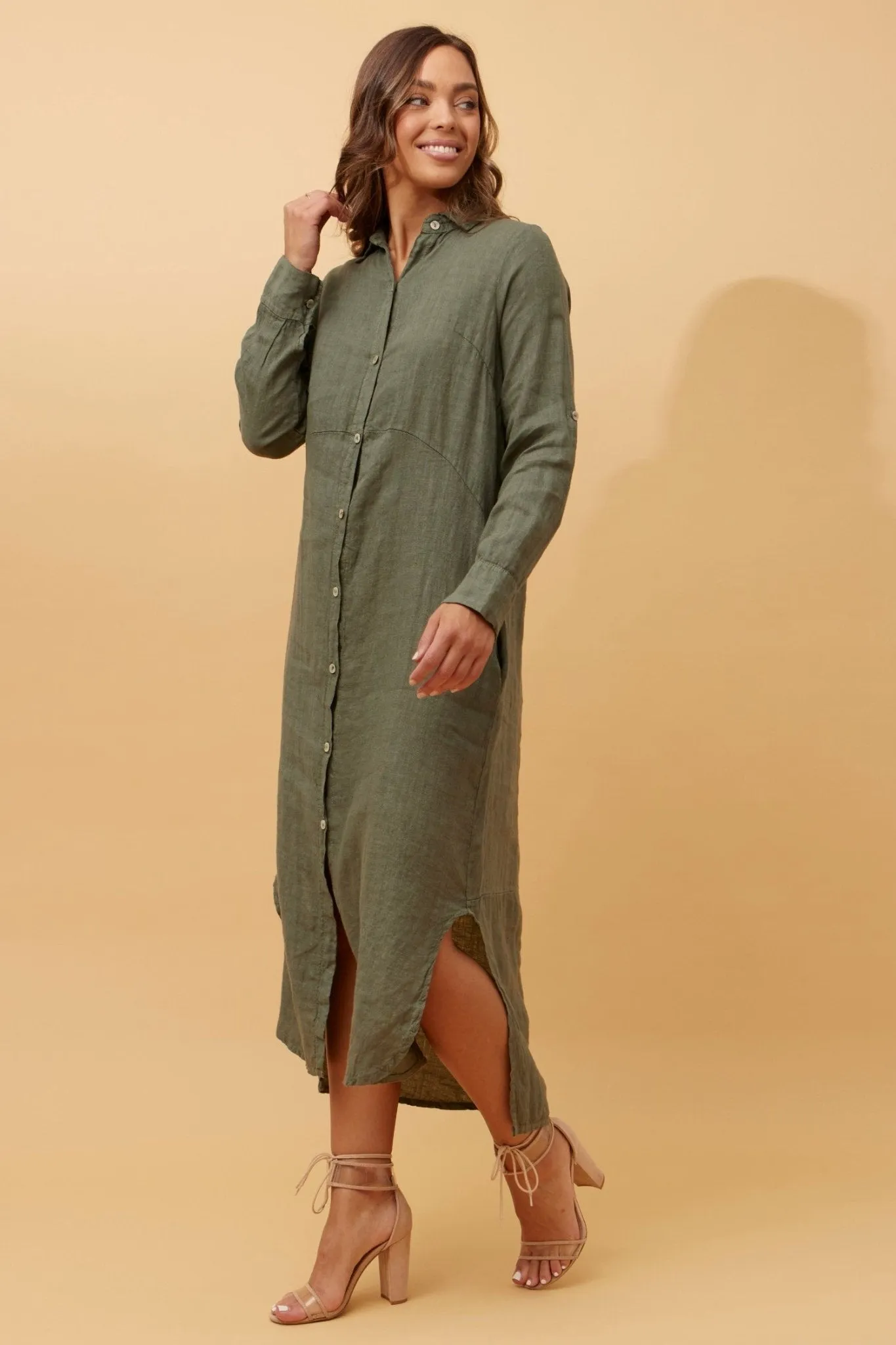 BUTTON THROUGH LINEN SHIRT DRESS WITH POCKETS KHAKI