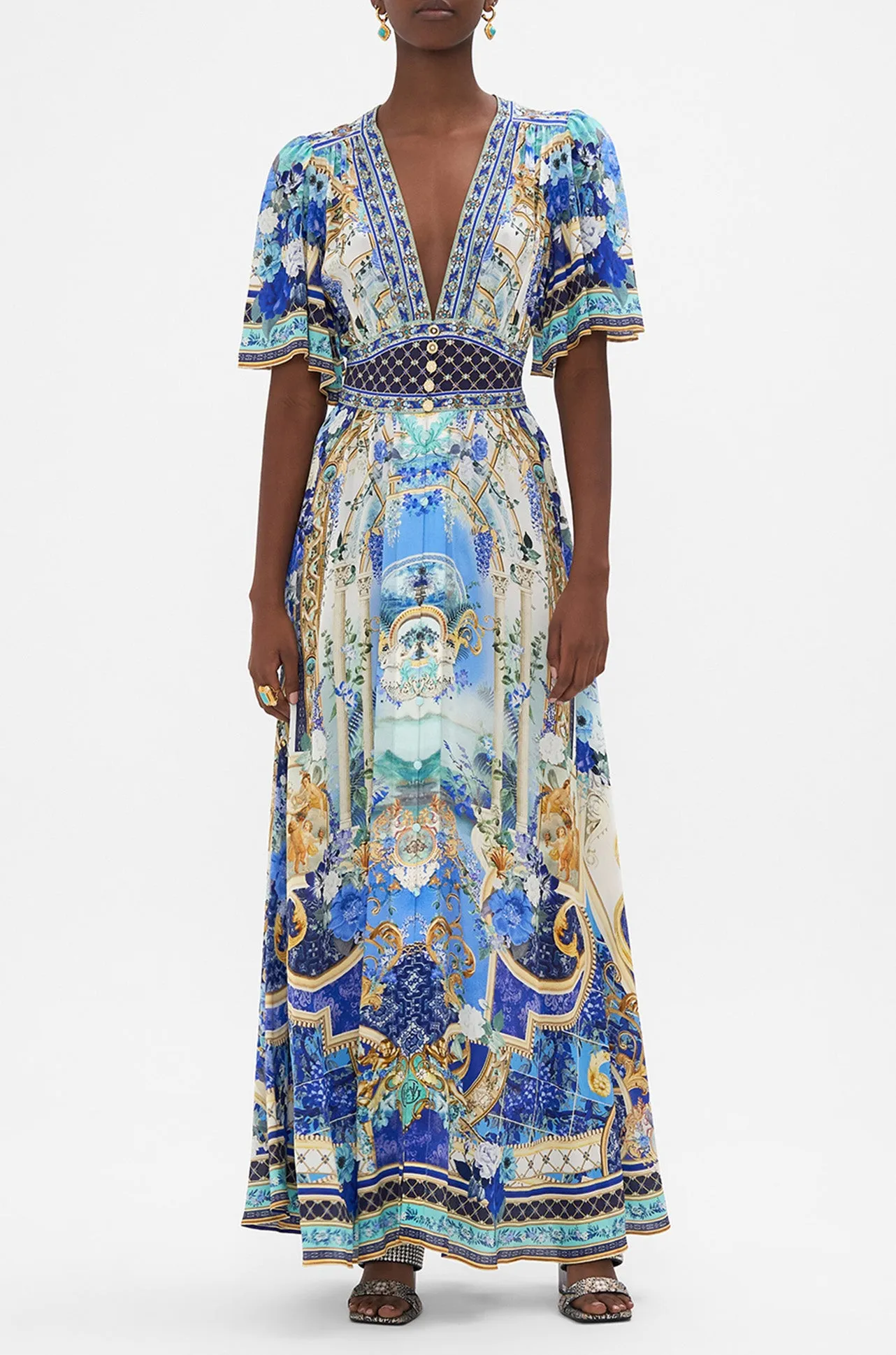 Camilla - Views Of Vesuvius Shaped Waistband Dress w/ Flutter Sleeves