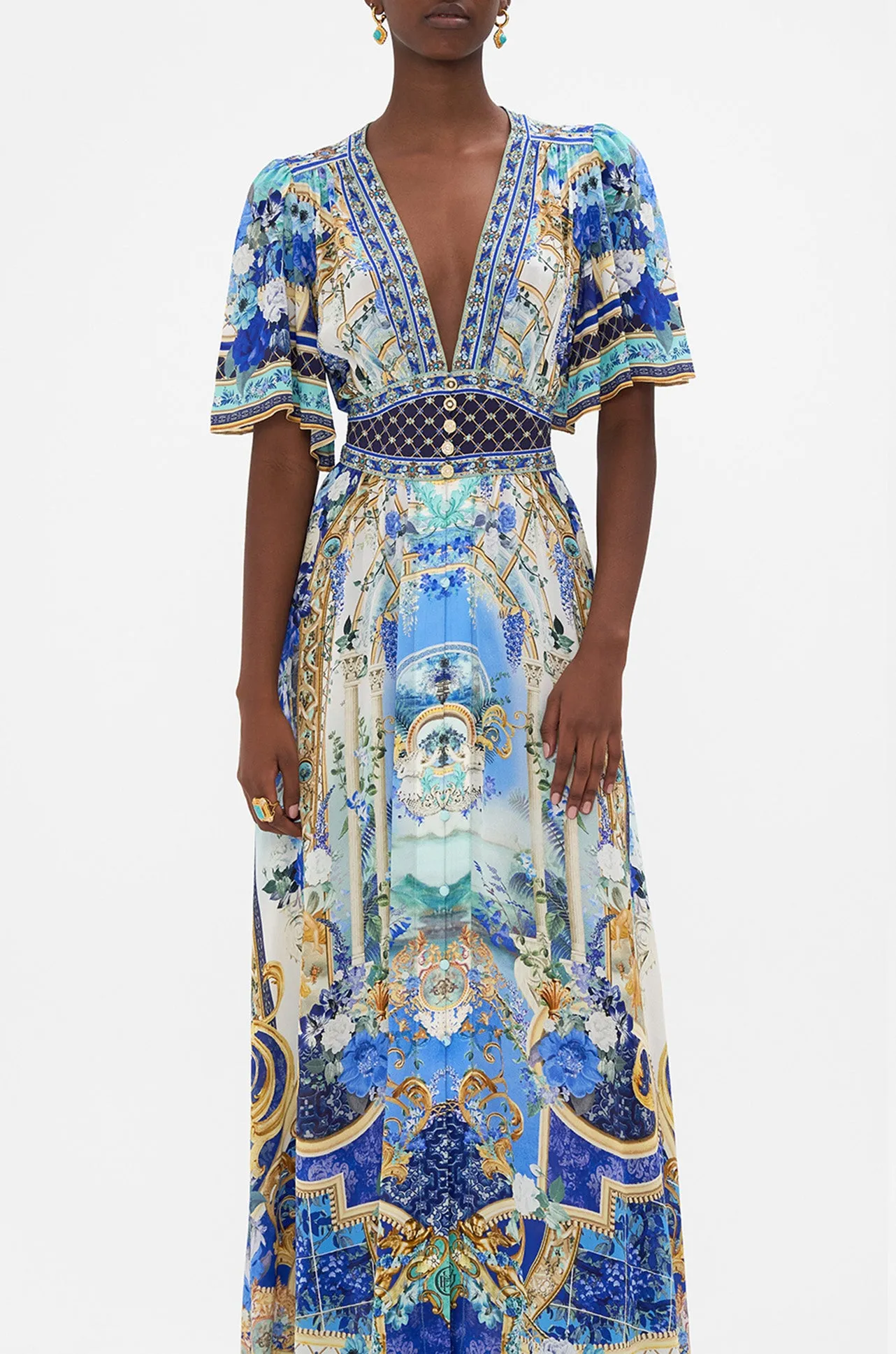 Camilla - Views Of Vesuvius Shaped Waistband Dress w/ Flutter Sleeves