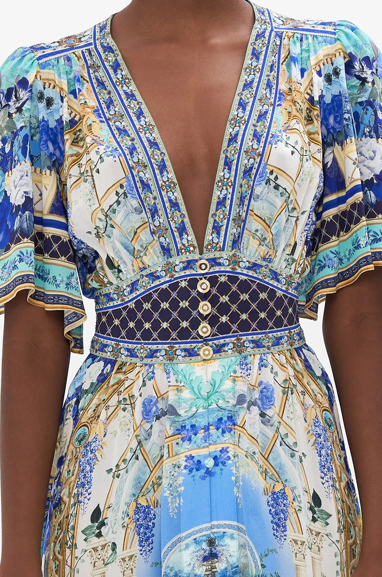 Camilla - Views Of Vesuvius Shaped Waistband Dress w/ Flutter Sleeves