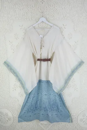 Cassandra Maxi Kaftan -Snowflake Angel in Powder Blue and Crème  - Vintage Sari - Size L/XL