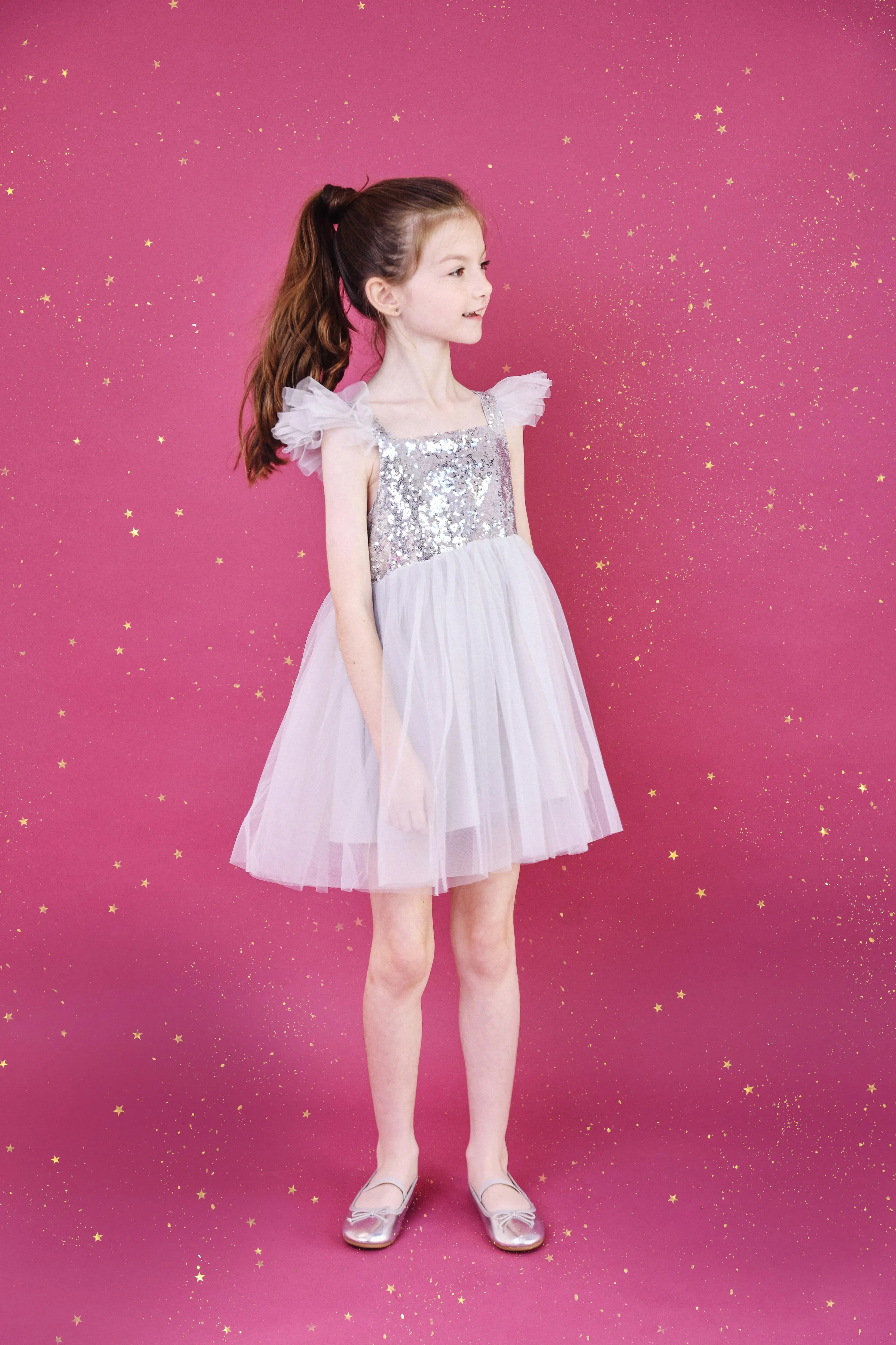 DOLLY UNIVERSE SEQUIN GLITTER GALAXY TUTU DRESS silver grey