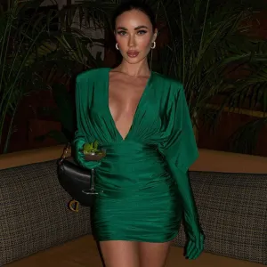 Elegant Draped Shoulder Pad Glove Sleeve V Back Ruched Bodycon Mini Dress