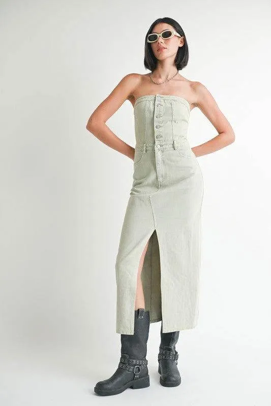 Emory Park Button Up Tube Denim Dress With Slit