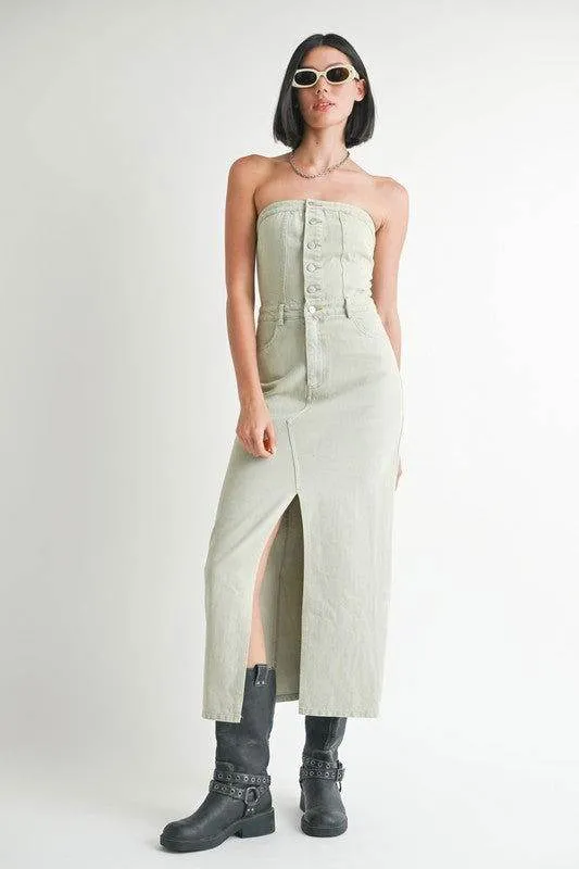 Emory Park Button Up Tube Denim Dress With Slit