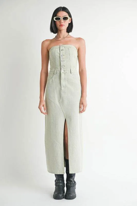 Emory Park Button Up Tube Denim Dress With Slit