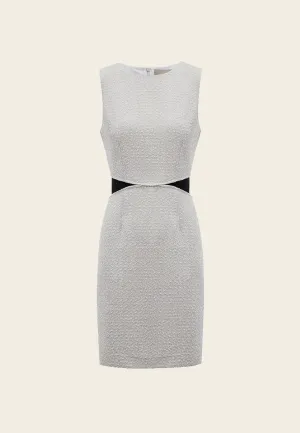 Fake Two Piece Black Detailing Sleeveless Silver Tweed Dress