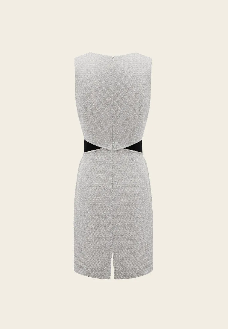 Fake Two Piece Black Detailing Sleeveless Silver Tweed Dress