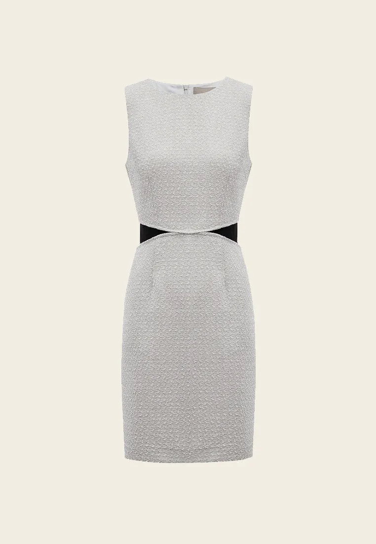 Fake Two Piece Black Detailing Sleeveless Silver Tweed Dress