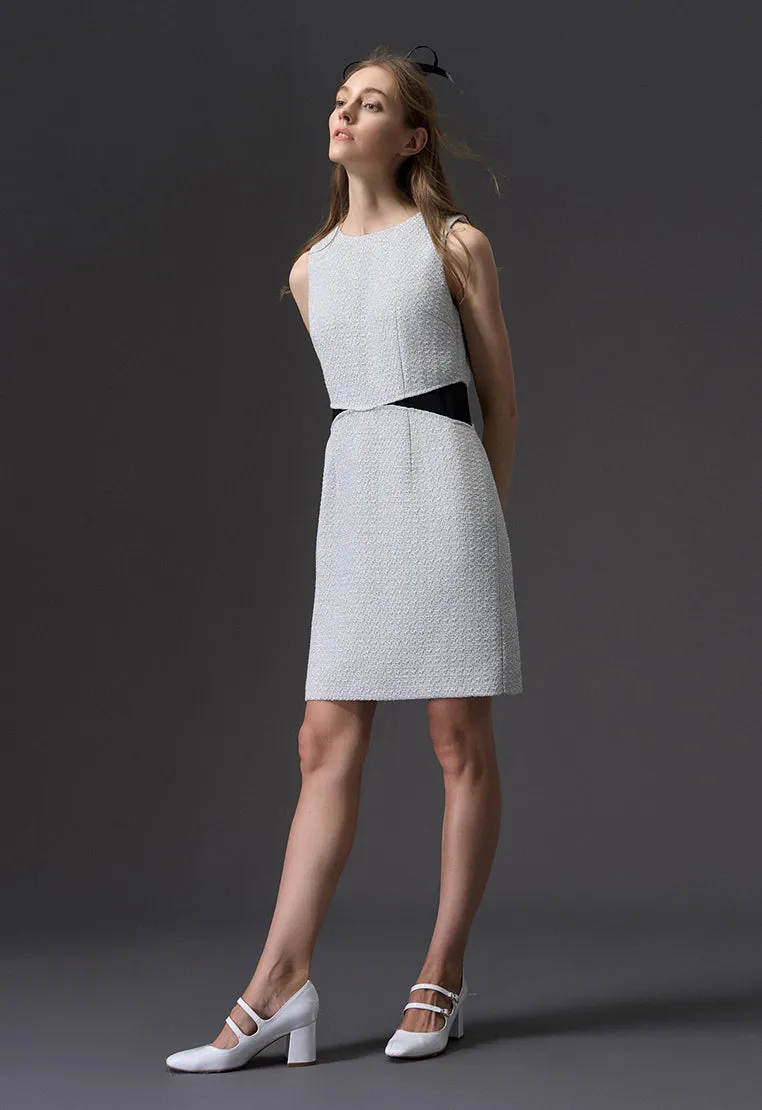 Fake Two Piece Black Detailing Sleeveless Silver Tweed Dress
