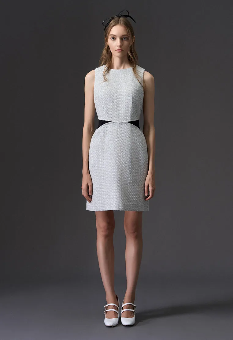 Fake Two Piece Black Detailing Sleeveless Silver Tweed Dress