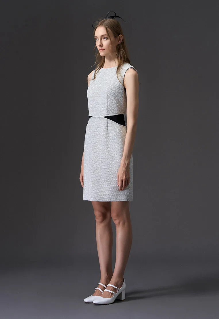 Fake Two Piece Black Detailing Sleeveless Silver Tweed Dress