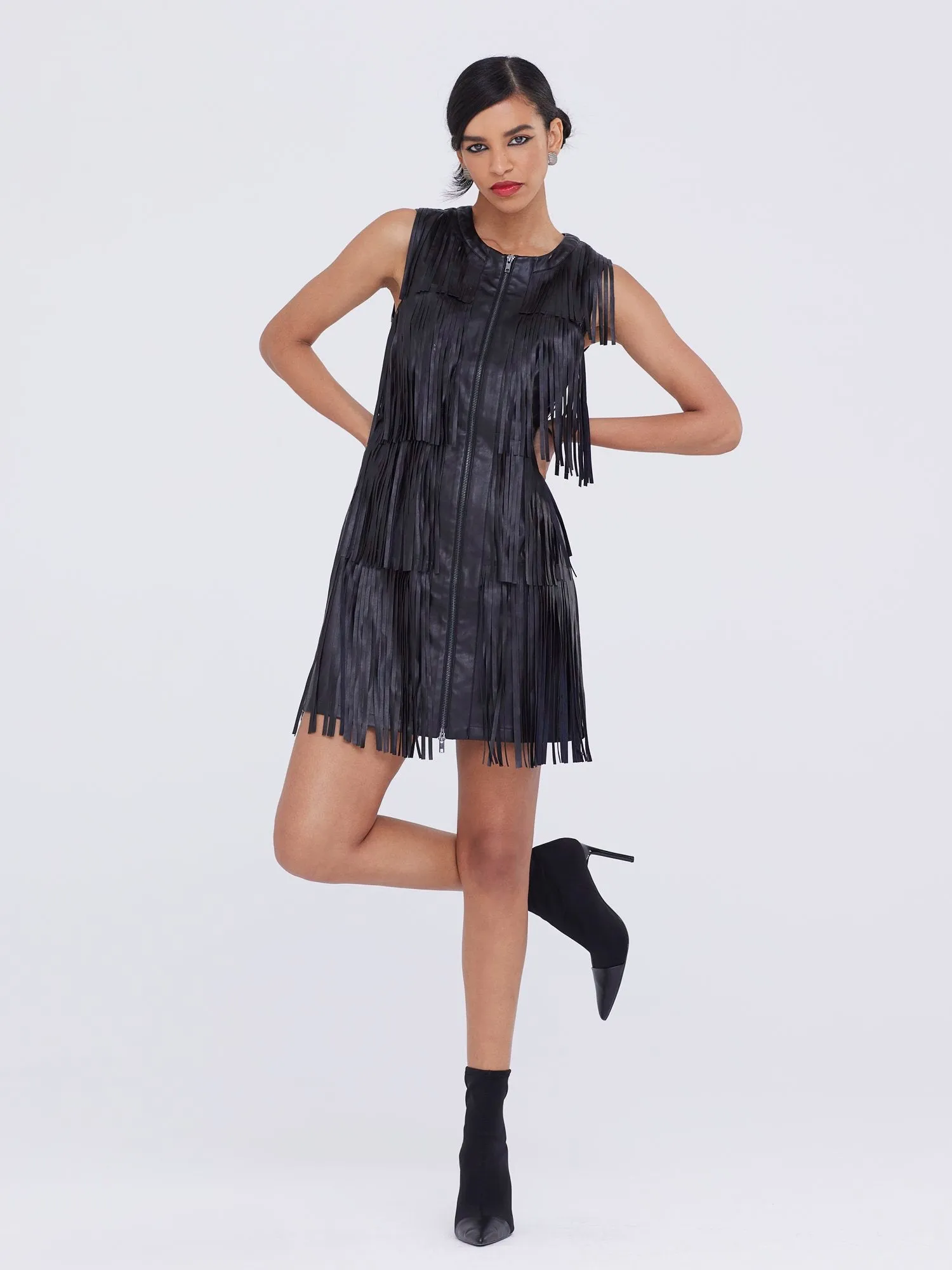 Faux-Leather Fringe Dress