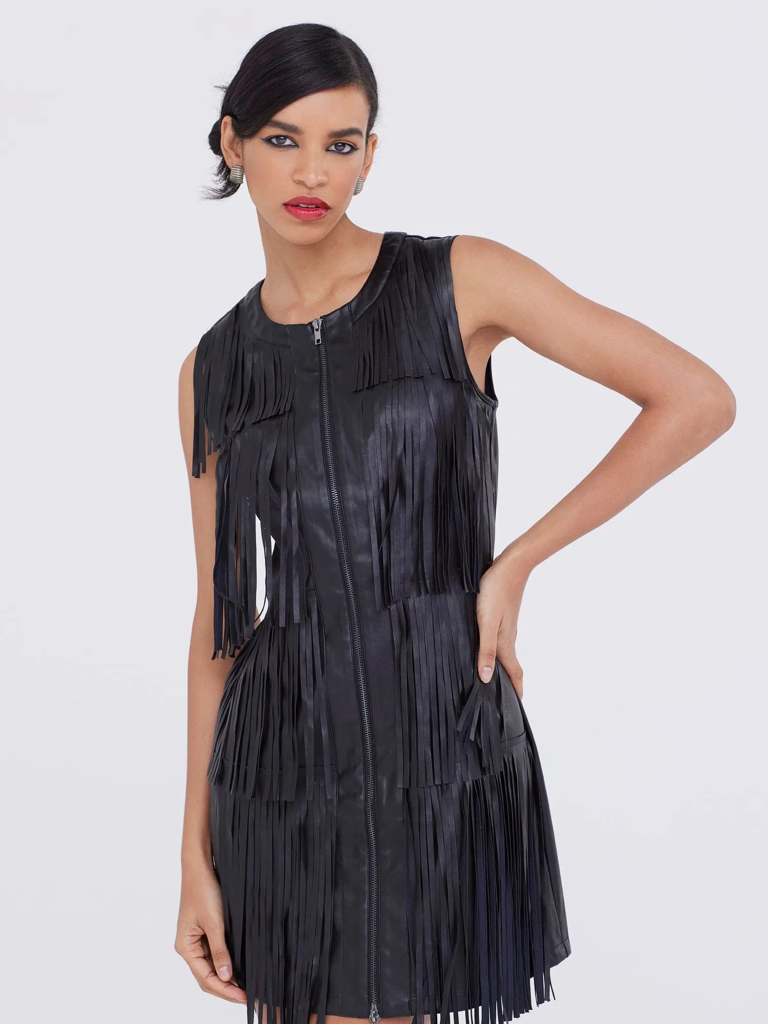 Faux-Leather Fringe Dress