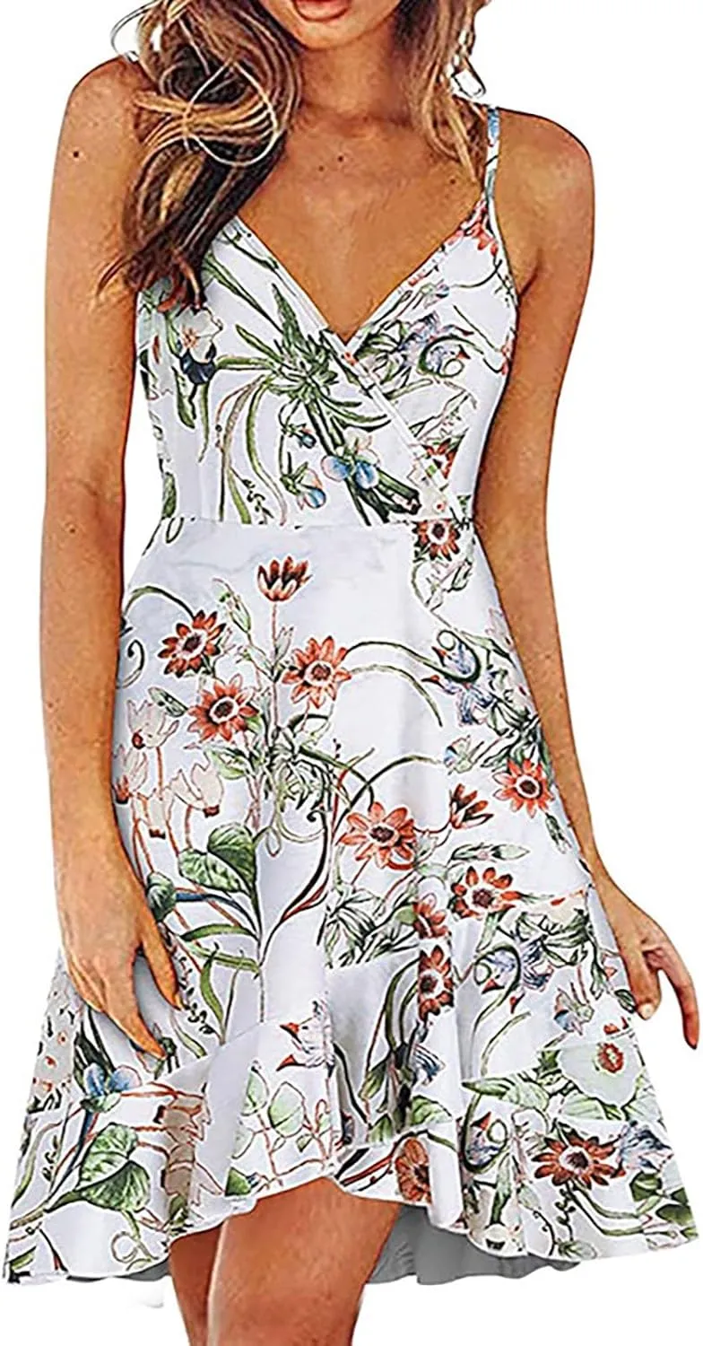 Floral Dress for Women Sexy V Neck Spaghetti Strap Mini Dress A Line High Waist Ruffle Hem Beach Dress Summer Dress