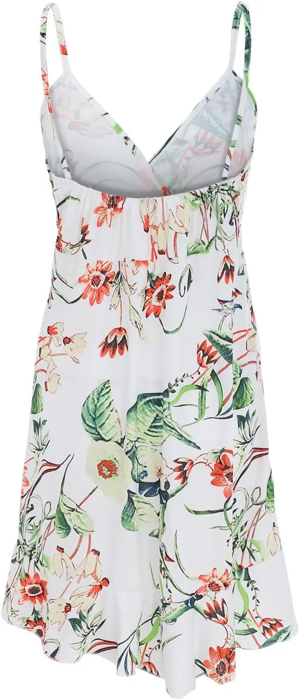 Floral Dress for Women Sexy V Neck Spaghetti Strap Mini Dress A Line High Waist Ruffle Hem Beach Dress Summer Dress
