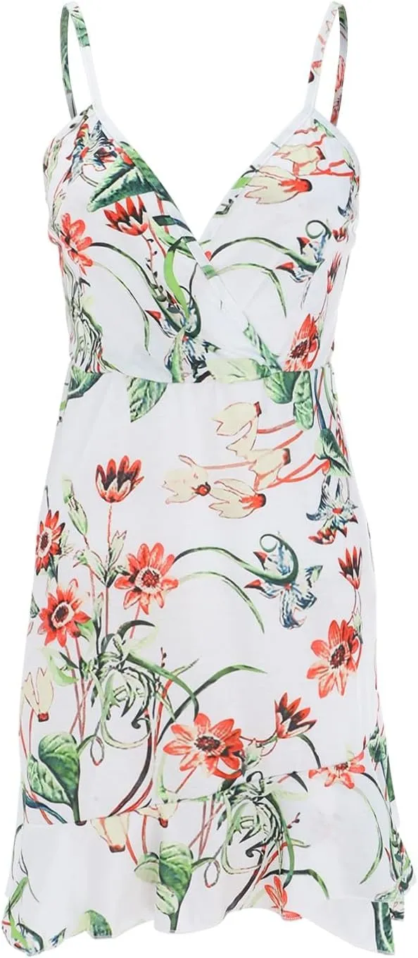 Floral Dress for Women Sexy V Neck Spaghetti Strap Mini Dress A Line High Waist Ruffle Hem Beach Dress Summer Dress