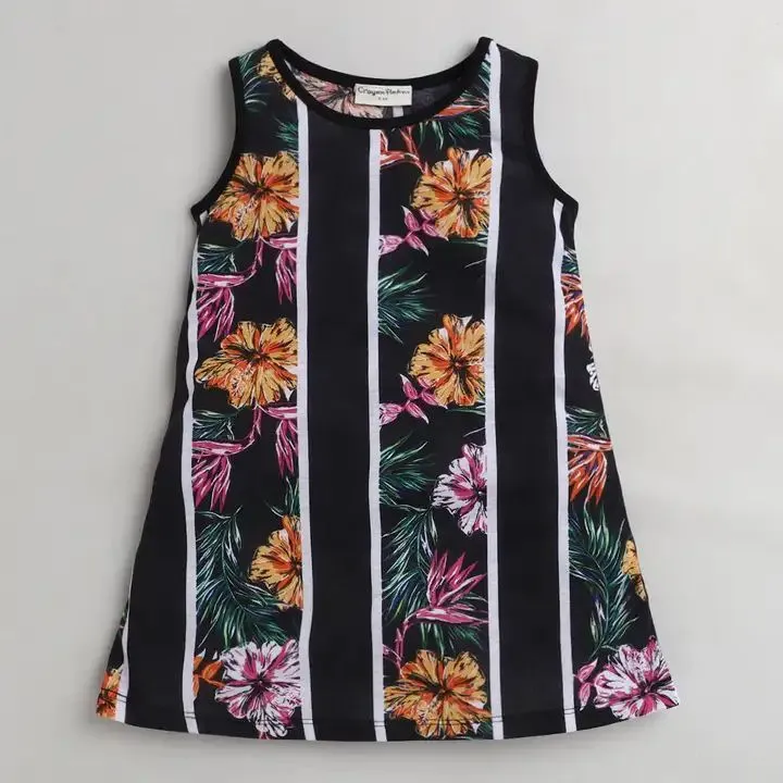 Floral Striped Printed Dress - Black