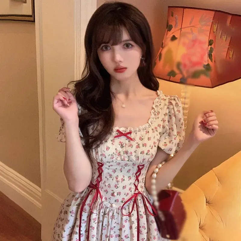 French Fashion Sweet Bubble Sleeve Bowtie Dress for Women