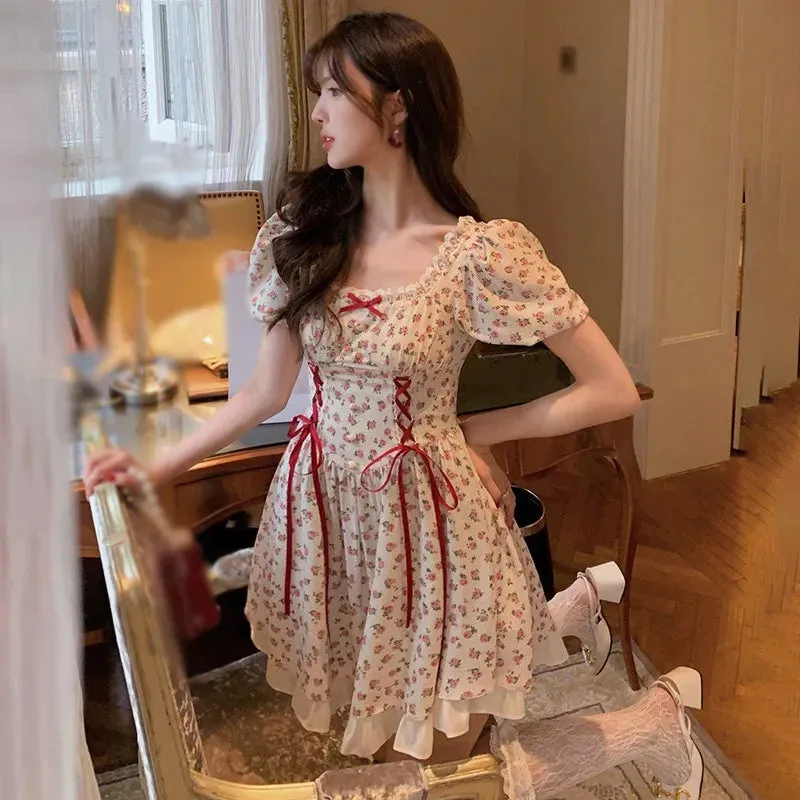 French Fashion Sweet Bubble Sleeve Bowtie Dress for Women