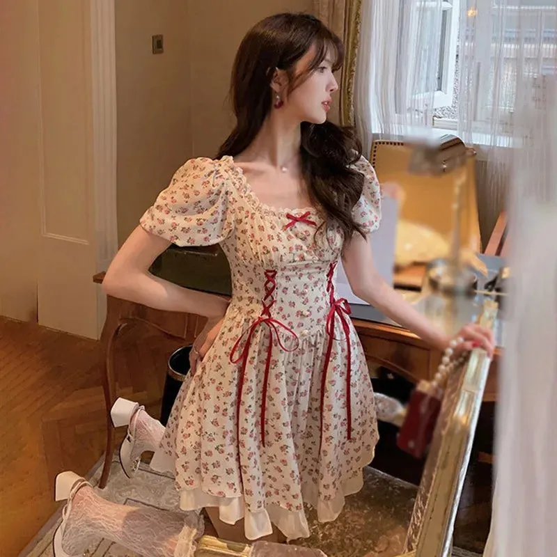 French Fashion Sweet Bubble Sleeve Bowtie Dress for Women