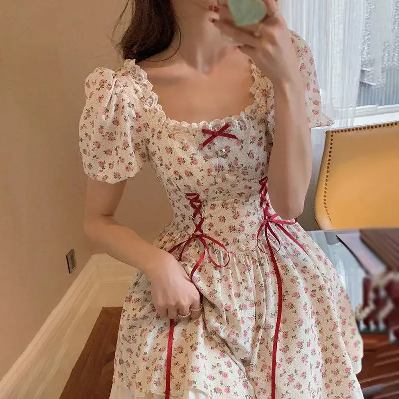 French Fashion Sweet Bubble Sleeve Bowtie Dress for Women