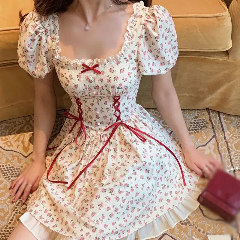 French Fashion Sweet Bubble Sleeve Bowtie Dress for Women